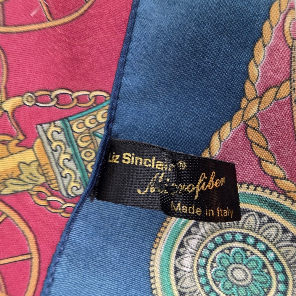 Liz Sinclair Italy Microfiber Equestrian Carriage Scarf Burgundy Navy Gold 31x31 - Picture 3 of 5
